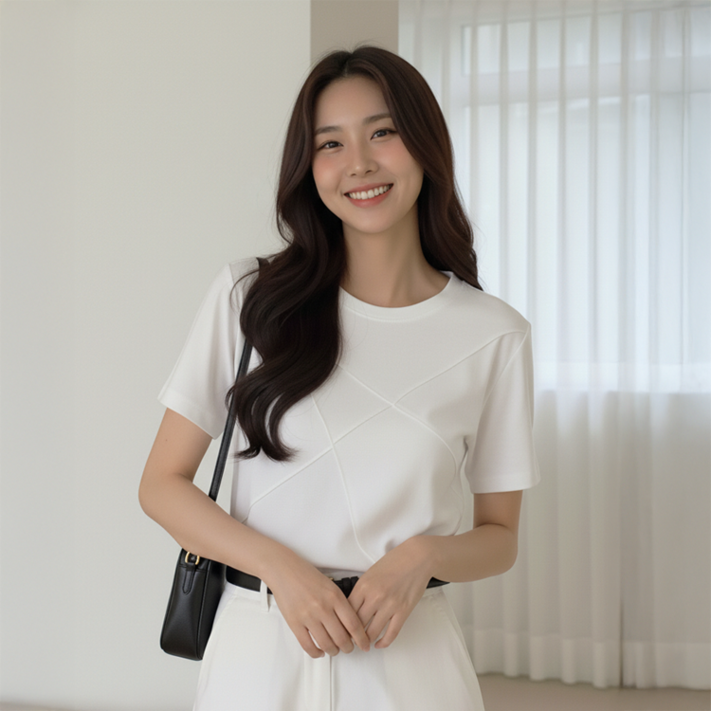 데일로엔 여성 여름 데일리 사선 라운드 넥 슬림핏 반팔 티셔츠