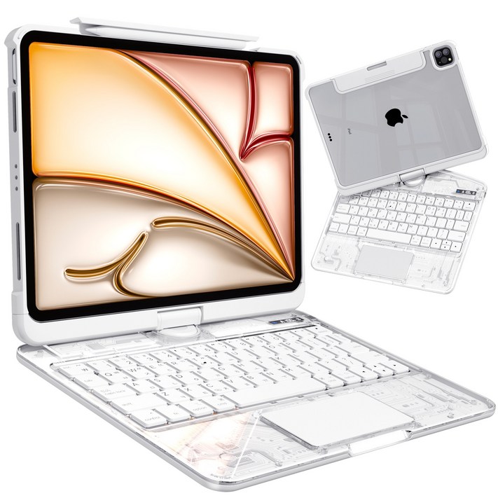 AITEWO 아이패드 키보드 케이스 일체형 360도 회전 다각도 조절 투명 케이스 트랙패드 세트 펜슬수납 한국어 매직키보드 에어프로 10.91112.913인치 호환, 투명 화이트, 1개