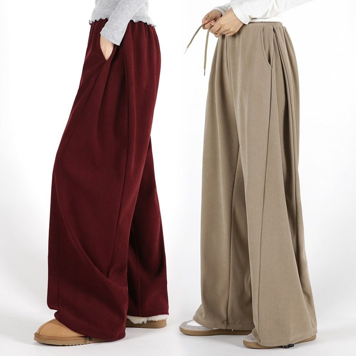 오버나인 여자 여성용 겨울용 와이드 코듀로이 옆핀턱 기모 트레이닝 팬츠 바지