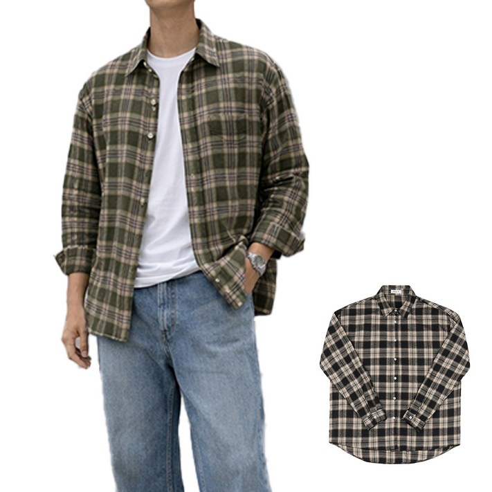 소프핸 코튼 체크 남방 긴팔 셔츠 남자 오버핏