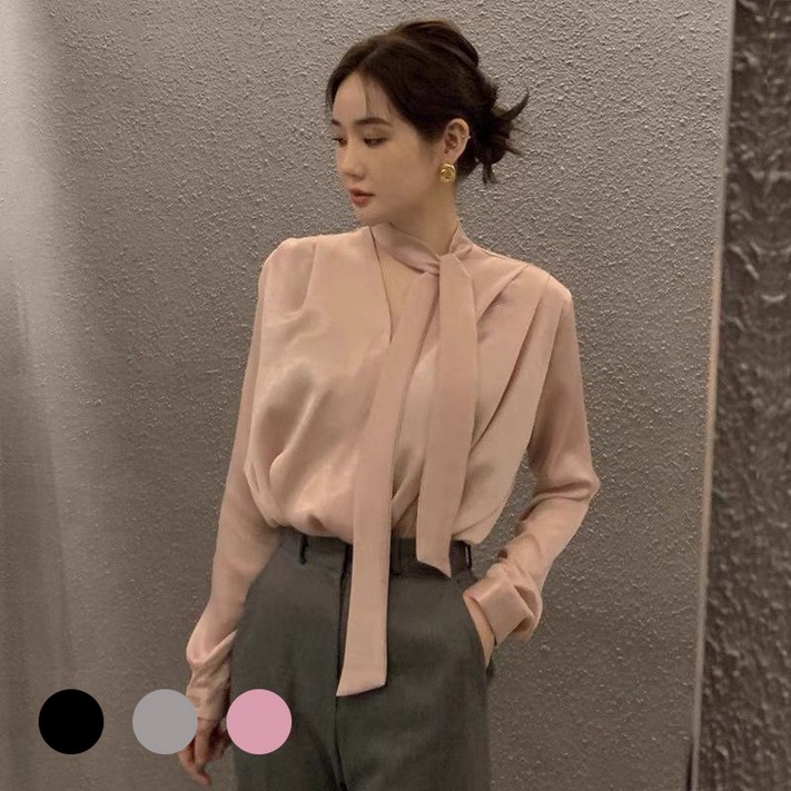 여성 타이 브이넥 블라우스 새틴 남방 오피스룩 빅사이즈 셔츠 링클프리 링클프리 새틴 빅사이즈