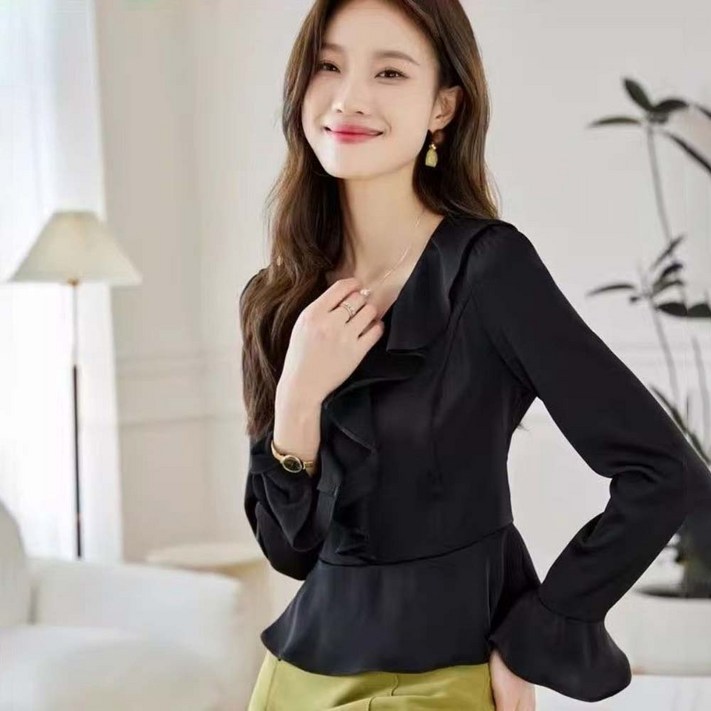 Vezri 여성용 봄 여름 럭셔리 프렌치 디자인 블랙 브이 프릴넥 패치 새틴 긴팔 블라우스W66