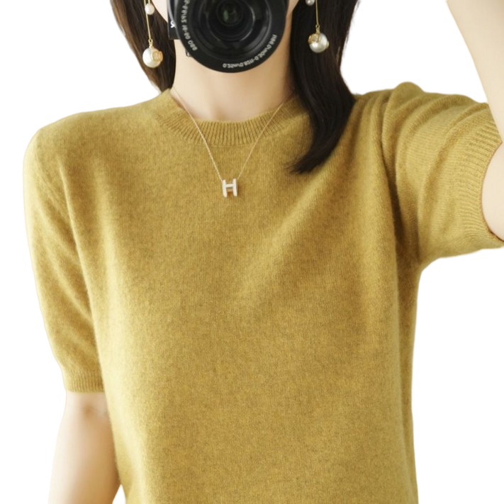 베이직 라운드넥 니트 여성용 반팔티 부드러운 니트티셔츠 간절기 반팔 티셔츠