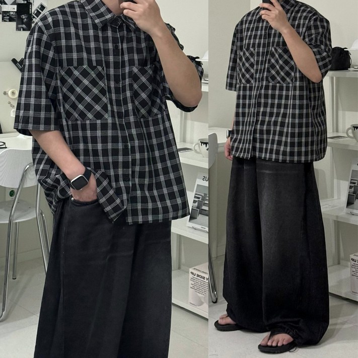 르위 체크 셔츠 루즈핏 반팔 남방 남녀공용 빅사이즈