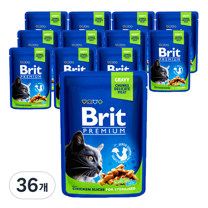 브리트 고양이 전연령용 프리미엄 캣 파우치 사료 닭고기 슬라이스 스텔라이즈드, 돼지, 100g, 36개 브리트 고양이 전연령용 프리미엄 캣 파우치 사료 닭고기 슬라이스 스텔라이즈드, 돼지, 100g, 36개