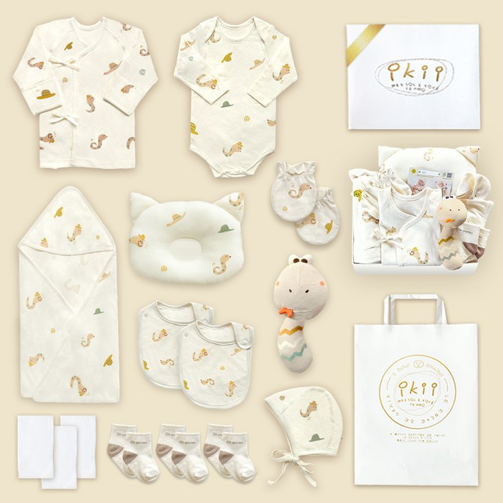 ikii 유아용 오가닉 배냇저고리 긴소매 15종 출산 선물세트 선물포장  쇼핑백