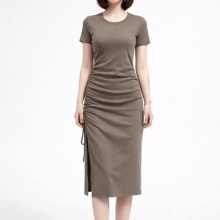 더시럽 여성용 사이드 슬릿 셔링 반팔 미디 원피스