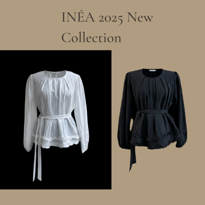 이네아 여성 러플밑단 스카프타이 라운드 핀턱 블라우스 긴팔 루즈핏