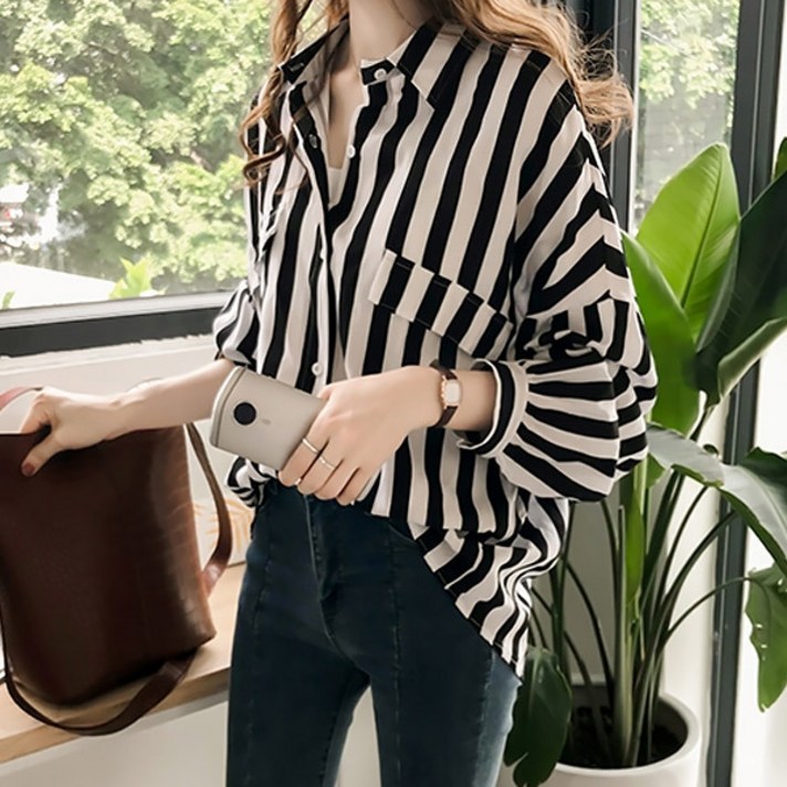 쉬블림로브 신상 퍼프 소매 카라 스트라이프 블라우스 셔츠 프로마쥬 GW0821