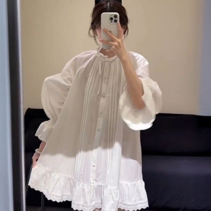 카카보보 봄 여성 화이트 긴팔 셔츠 원피스 오버핏 빅사이즈 하프 A라인 원피스