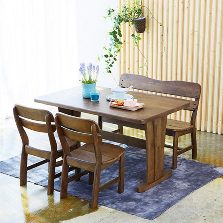 베스트리빙 오츠카 다빈치 우드슬랩 원목 1350 4인용 식탁 테이블세트의자2개벤치의자1개 2colors, 월넛