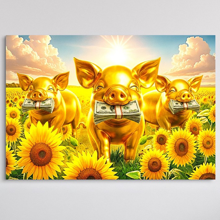인메이블 돈들어오는 해바라기 밭 부자 아기돼지 5종 그림 풍수 개업 선물 인테리어 그림 캔버스 액자 거실 현관 복도 인테리어 재물운 벽 인테리어, 04.해바라기 밭 부자 황금아기돼지 3총사