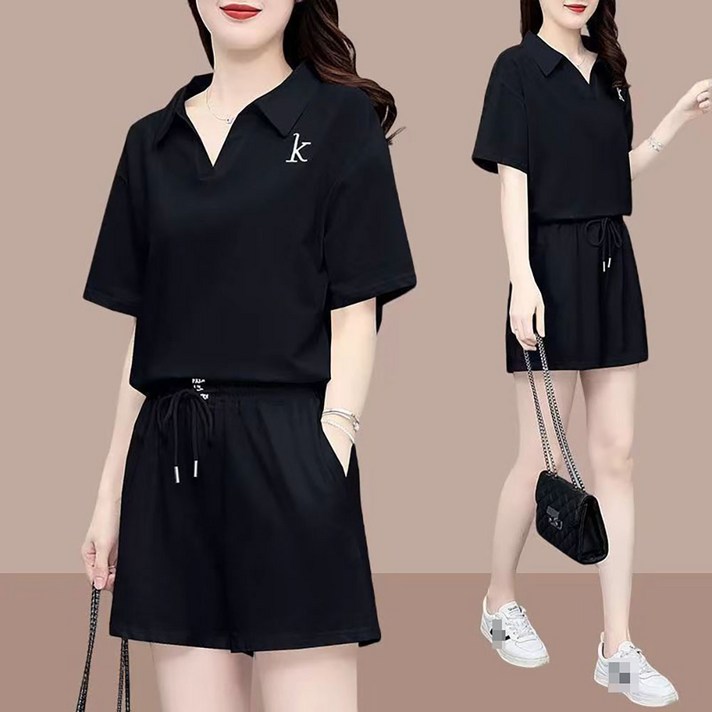 VVRR 여성 카라넥 알파벳 프린팅 반팔 티셔츠 스트링 포켓 반바지 투피스 A0041431