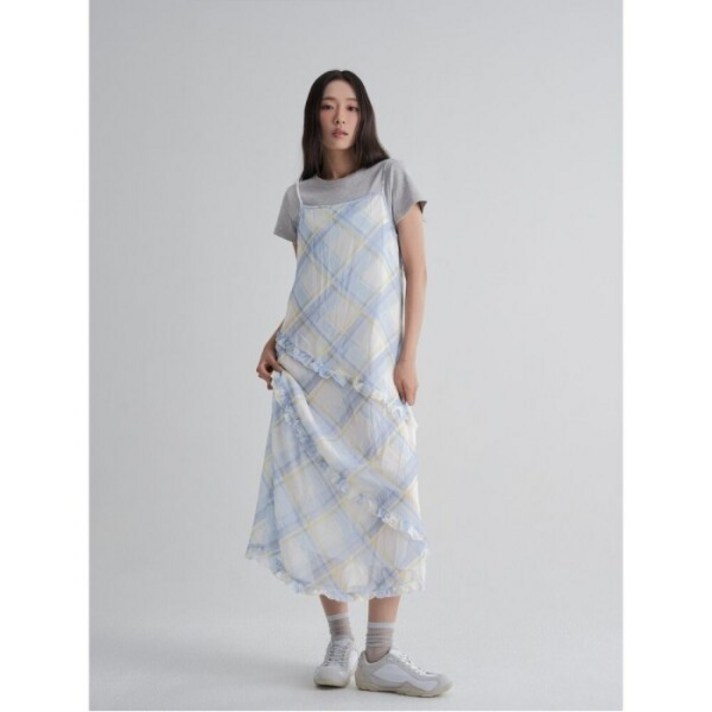 에잇세컨즈 체크 프릴 롱 원피스 스카이 블루 355771LY5Q