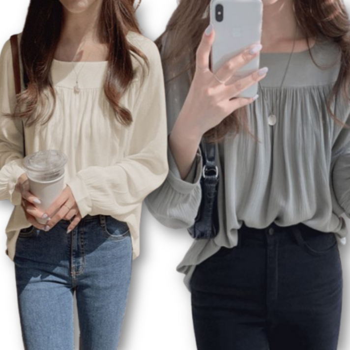 블랭크몰 하늘하늘 여성 셔링 스퀘어넥 블라우스 데이트룩 데일리룩