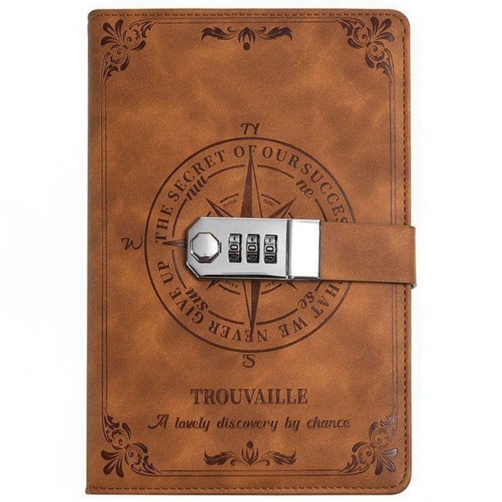 쿠미 빈티지 비밀 일기장 자물쇠 다이어리, 1개, 브라운