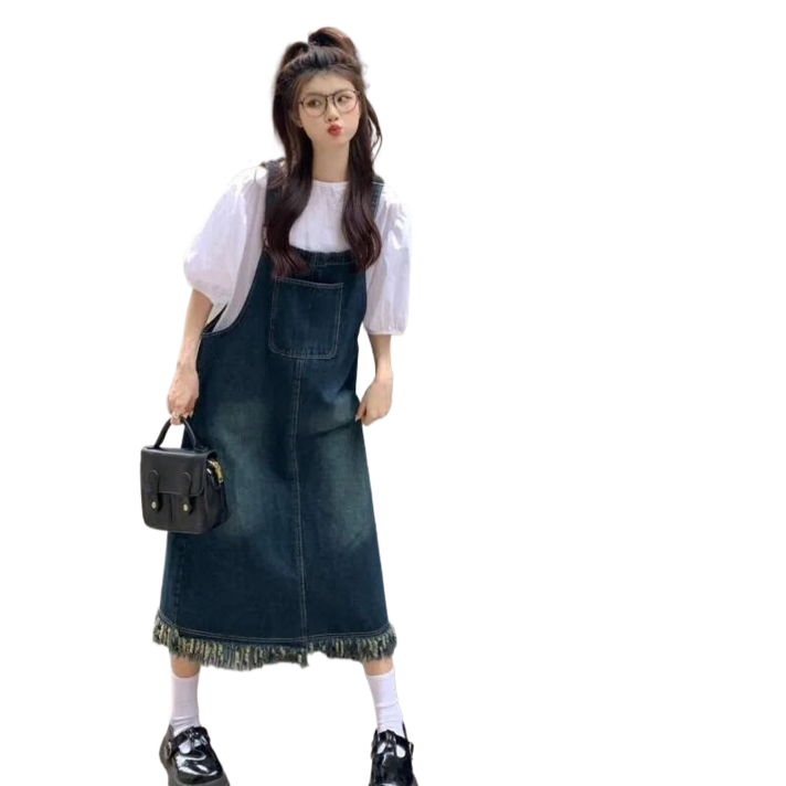여성용 멜빵 데님 원피스 포켓 수술 롱 멜빵 청원피스