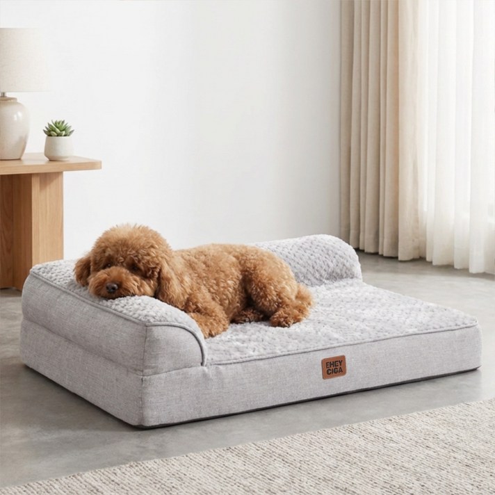 EHEYCIGA 메모리폼 함유 정형외과 L자 테두리 반려견 강아지방석 사계절용 푹신한 편안한 반려견 소파