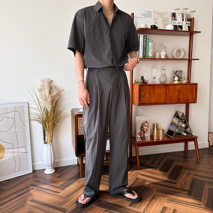 SET와샤 나일론 워싱 남방 셔츠 핀턱 와이드 슬랙스 셋업3color