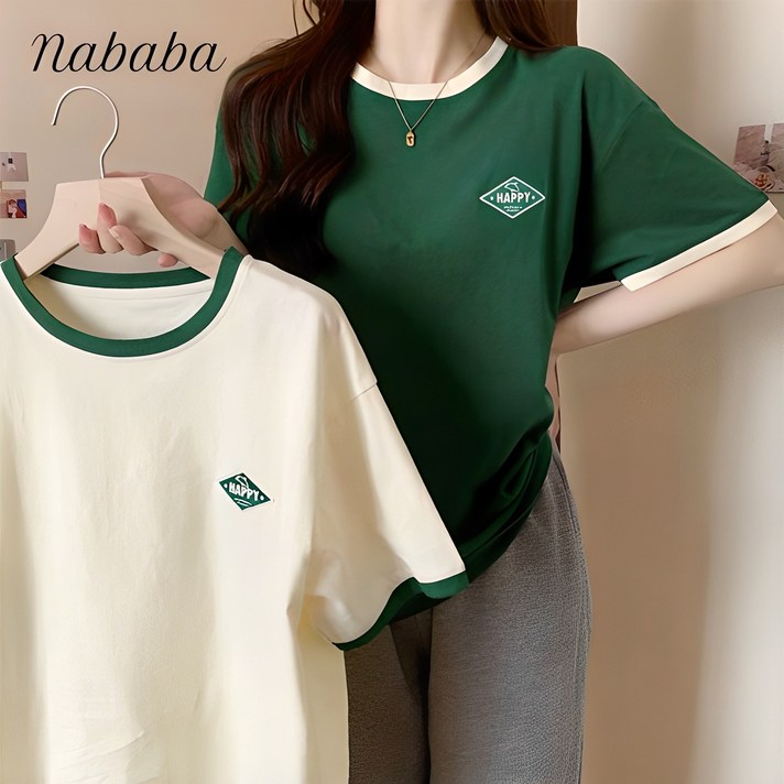 나바바 NT670 여성 11 해피 심플 배색 포인트 반팔 티셔츠 나바바 NT670 여성 11 해피 심플 배색 포인트 반팔 티셔츠