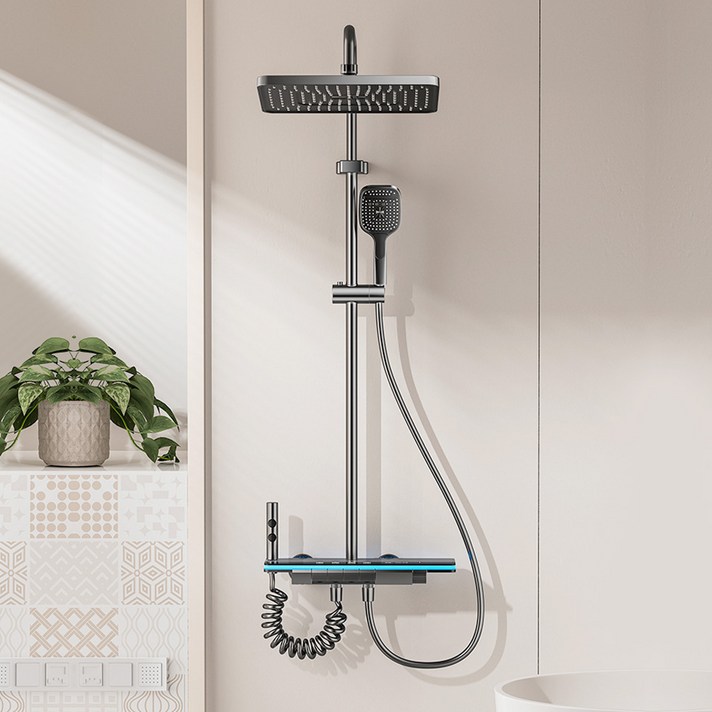 진보 LED 온도 표시 원터치 4단 조절 고급형 욕실 해바라기 샤워기 세트, 다크 그레이, 1개, 1개