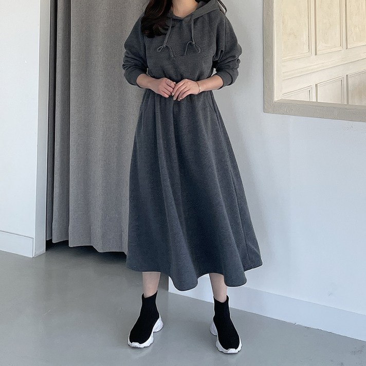 모모 허리 밴딩 플레어 후드 롱 기모 원피스