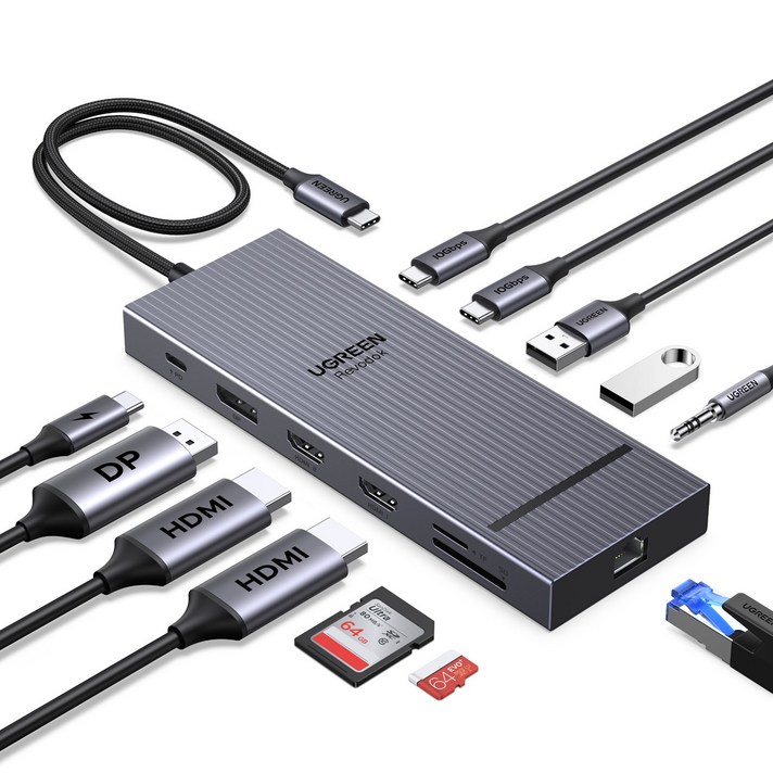 UGREEN 유그린 Revodok 12포트 USB3.2 C타입 멀티허브 삼성덱스 맥북 호환트리플 모니터 확장4K120Hz10GbpsSD카드 리더기기가비트PD100W, 1개, Grey