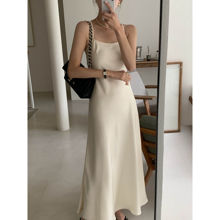 [MADE] 루어스룸 샤이니 새틴 실크 슬립 스트랩 민소매 나시 뷔스티에 a라인 플레어 빅사이즈 임산부 맥시 롱 원피스