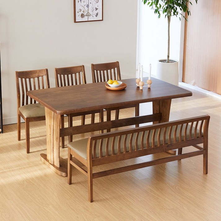 리비니아 빈센트 제노 6인용 원목 식탁세트/식탁+일반벤치의자 2colors, 월넛