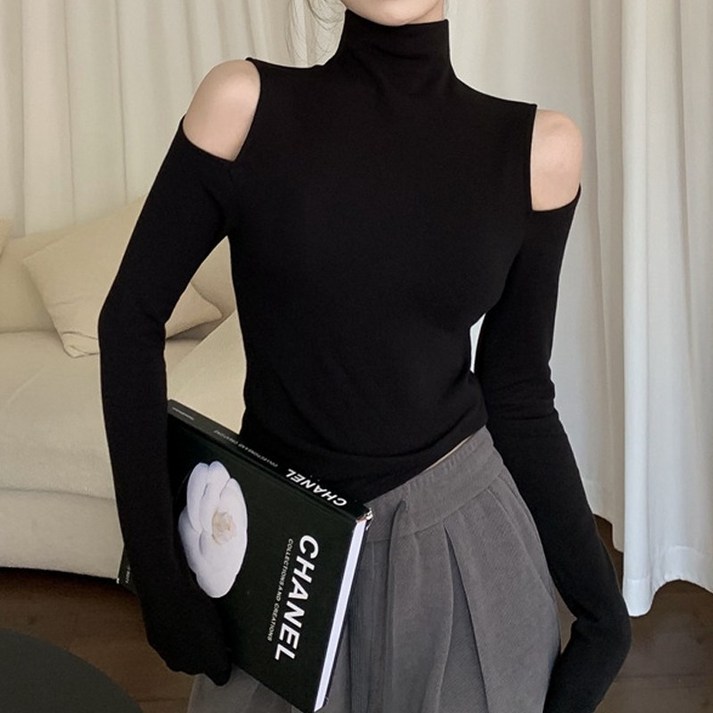 지지 어깨 트임 포인트 터틀넥 티셔츠 지지 어깨 트임 포인트 터틀넥 티셔츠