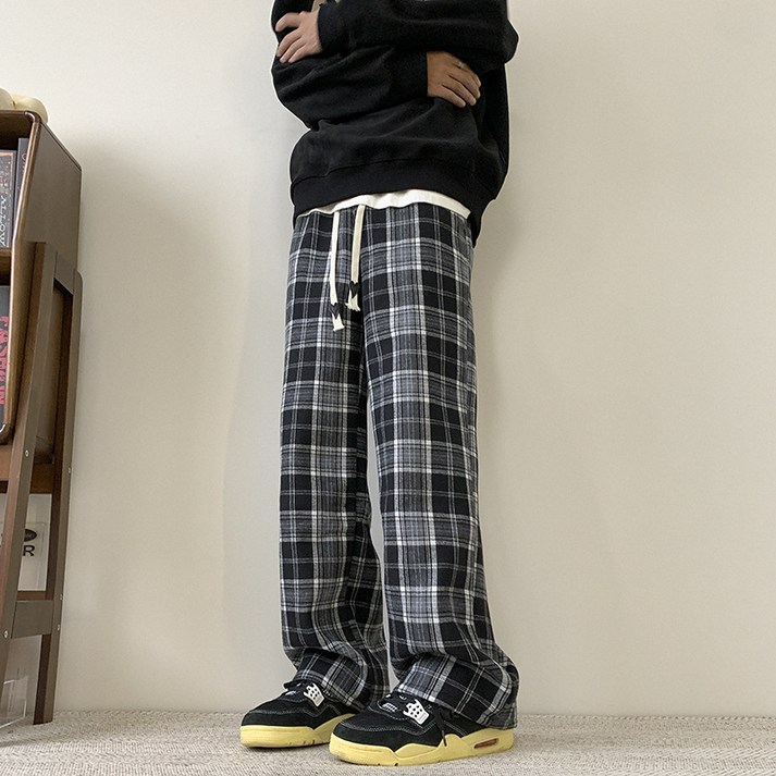 남녀공용 가을겨울 기모 체크 와이드팬츠 루즈핏