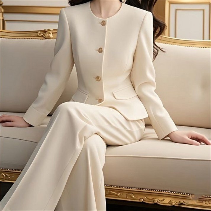 AOKADA 여성 봄 가을 슬림 라운드넥 자켓 바지 정장 세트 투피스 오피스룩 하객룩