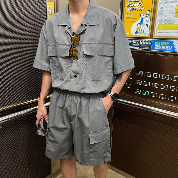 [얼로우]투게더 아웃포켓 셔츠&반바지 세트 반팔 자켓 숏팬츠 트레이닝 투피스 셋업 여름 남여공용 커플룩 시밀러룩