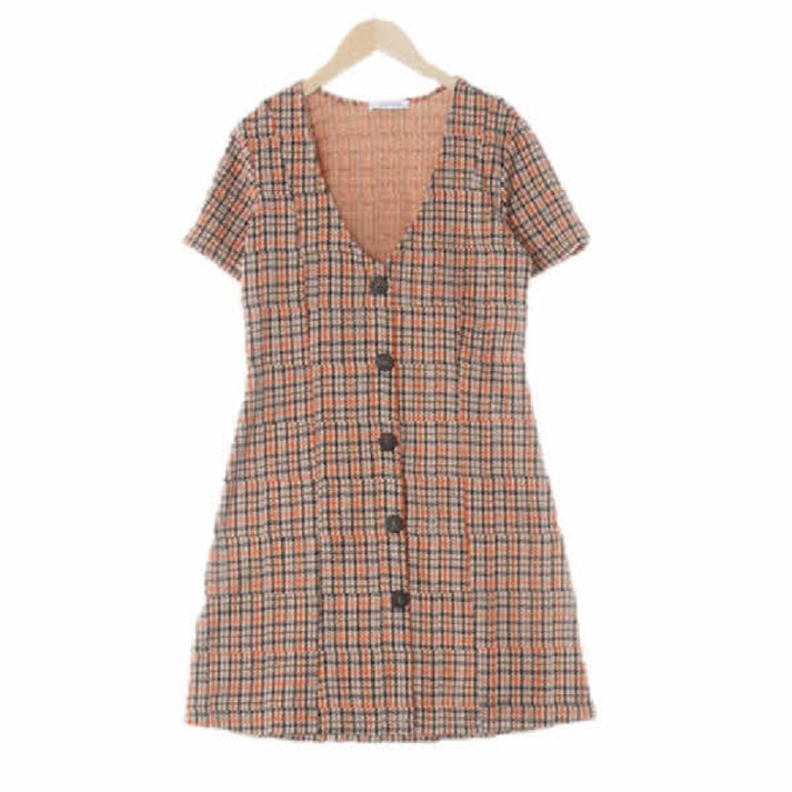 5001 자라 다크베이지오렌지 체크 딥브이넥반팔니트원피스 [S]