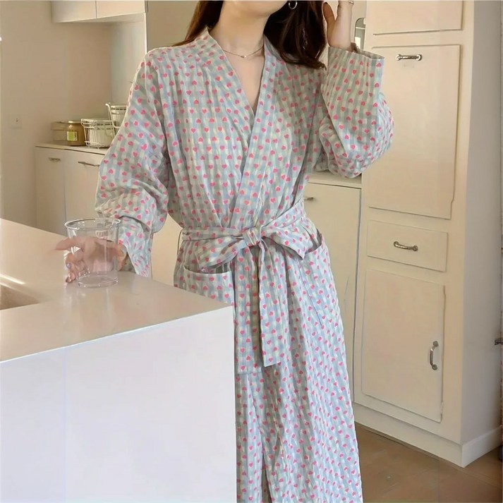 귀여운 하트 체크무늬 플러스 사이즈 브이넥 홈웨어 루즈핏 샤워가운