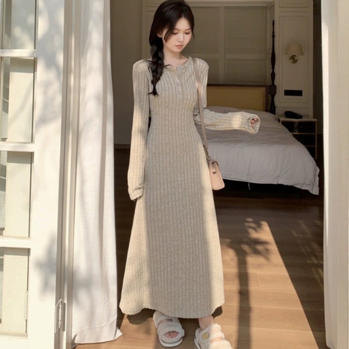 Choyur여성 청년 가을 겨울 피트 롱 니트 드레스 긴팔 슬림핏 미니멀리즘 스타일