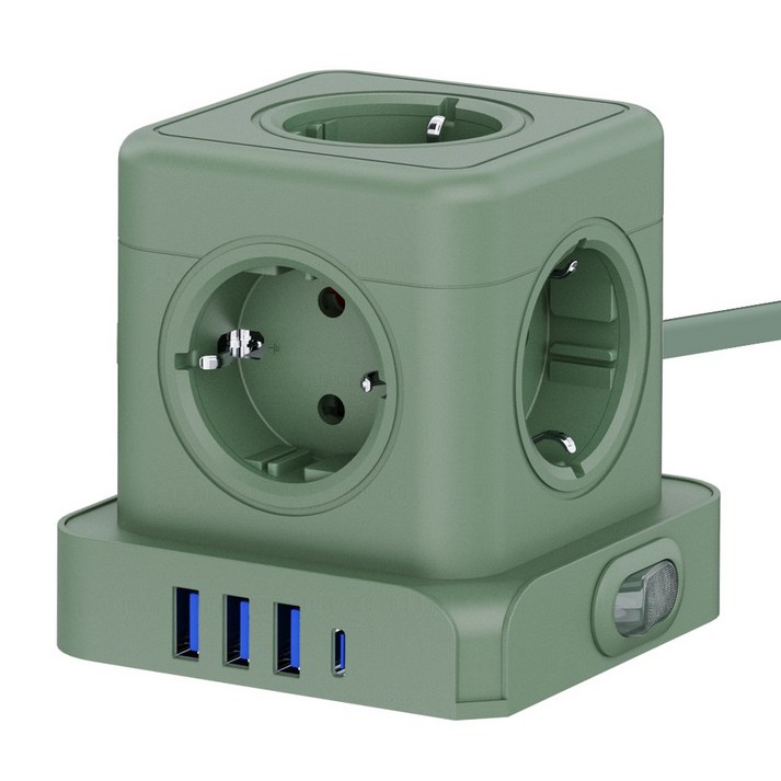 티메코 20W 고속충전 5구 멀티탭 TMC-10 SF코팅 큐브 디자인 C타입 USB 1.8M 전선형, 1개, 그린, 1.8m
