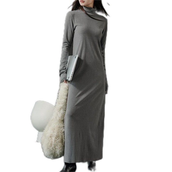 트위드반팔원피스 나른한 터틀넥 H라인 니트 롱원피스 슬림핏 편안한 롱 스커트 여성 긴팔 셔츠
