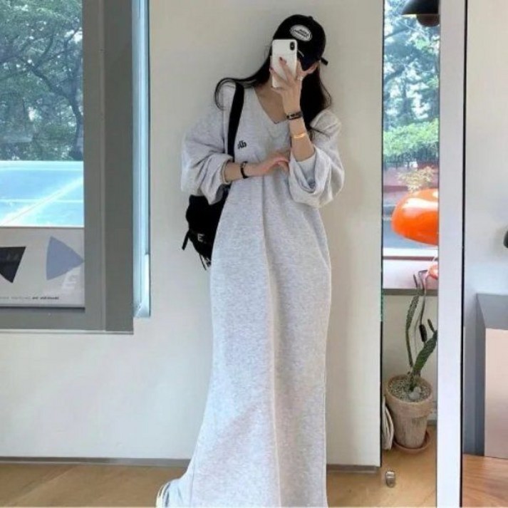 2025 여성 가을 겨울 루즈핏 캐주얼 원피스 드레스 여성의 코튼 롱 러블리 데일리