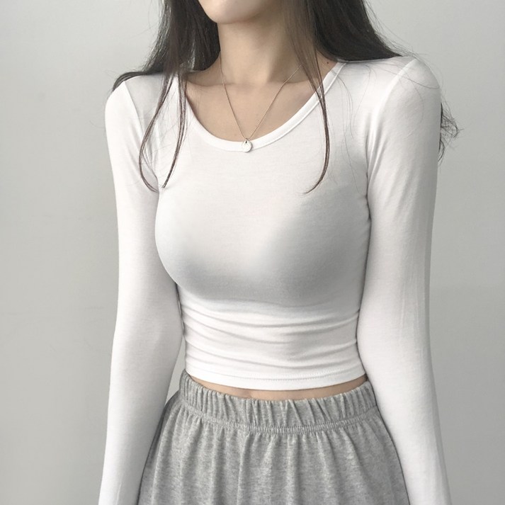 리리의감각 [1+1할인] 여성 쫀쫀 스판 크롭 슬림핏 긴팔 티셔츠