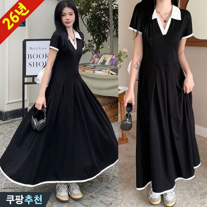 (완전 추천) 150kg까지 빅사이즈 여성 빈티지 카라 허리꼬임 플리츠 반팔 원피스 여름 편한 고급스러운 배색 박스 오버핏 긴 플레어 독특한 햅번 클래식 검정 캐쥬얼 외출용 원피스