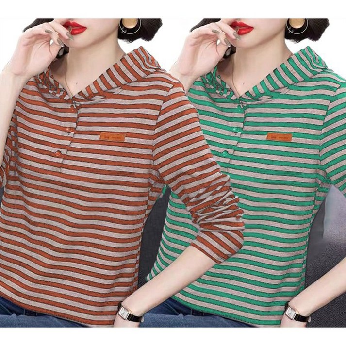 11 중년 여성 후드 맨투맨 캐주얼 봄 가을 후드 긴팔티 루즈핏 풀오버 상의 기질 스트라이프 후드 맨투맨 티셔츠 CY