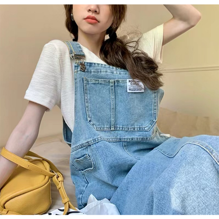 데님 루즈 포켓 멜빵 원피스