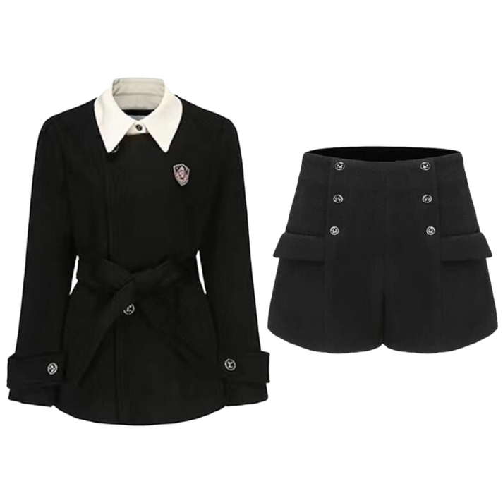 COSYEVNO 여성 춘추 세트 투피스 벨티드 더블버튼 자켓 숏팬츠 CXJf-06