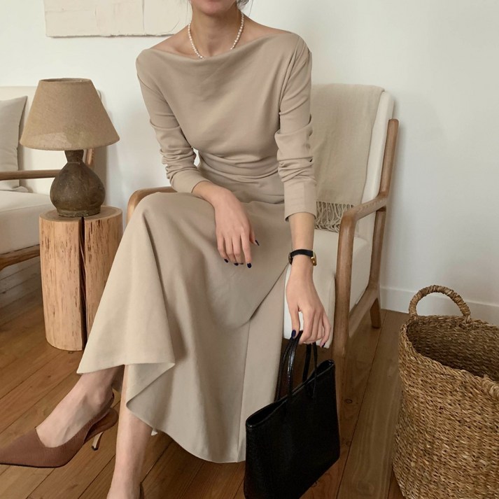 루어스룸 컴히얼 보트넥 오프숄더 드레이프 a라인 하객룩 셀프웨딩 슬림핏 입술넥 플레어 롱원피스