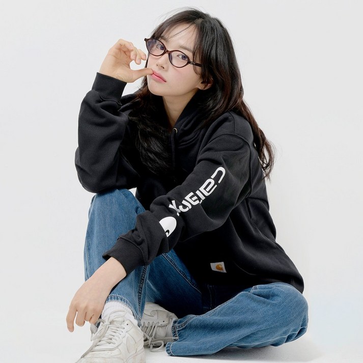 칼하트 남녀공용 오버핏 기모 후드티 소매로고 K288