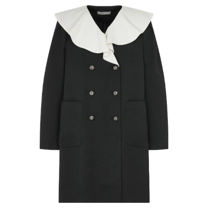 라인어디션 배색 러플카라 더블 버튼 원피스