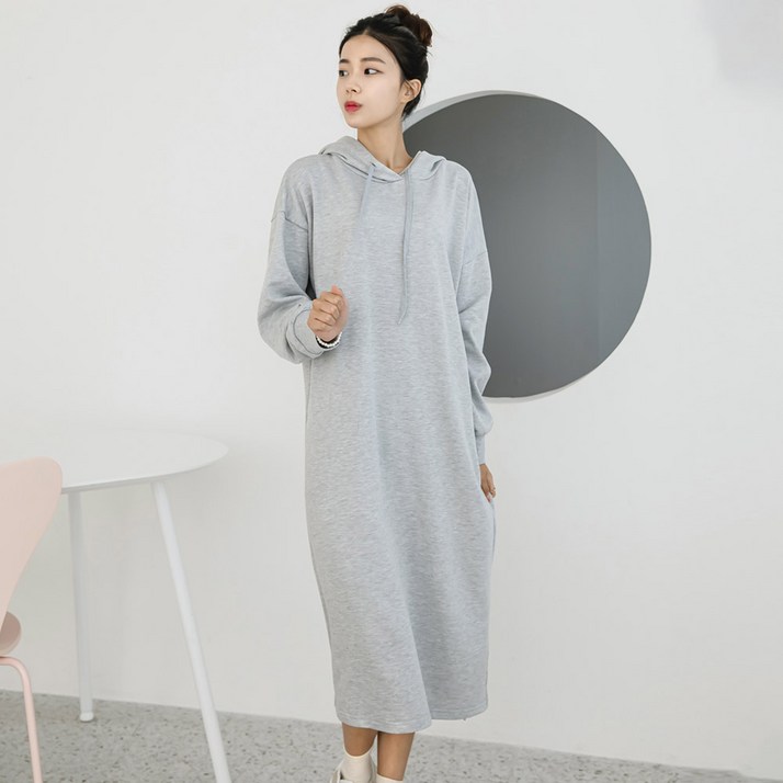 헤링본 긴팔 루즈핏 후드 트임 쭈리 롱 원피스 HE092