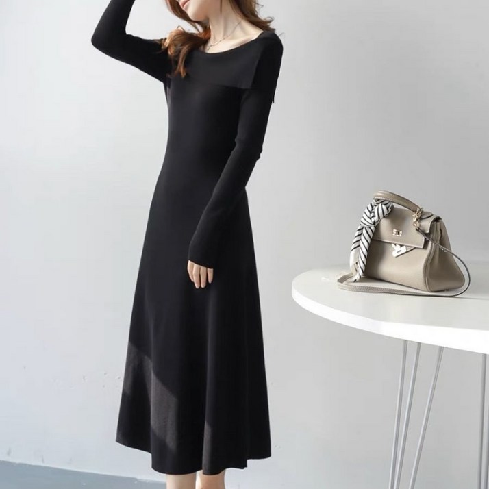 해피유통 여성 가을겨울 니트 사각네크라인 긴팔 원피스 심플한 슬림핏 A라인 XG20