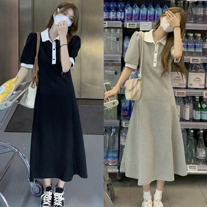롱 원피스 단추 카라배색 롱 원피스 단추 카라배색